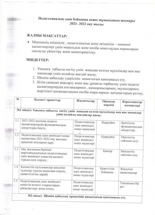 Педагогикалық әдеп бойынша кеңес жұмысының жоспары. 2021-2022 оқу жылы